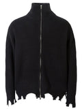 Men's Distressed Hem Ribbed Knit Zip-Up Cardigan