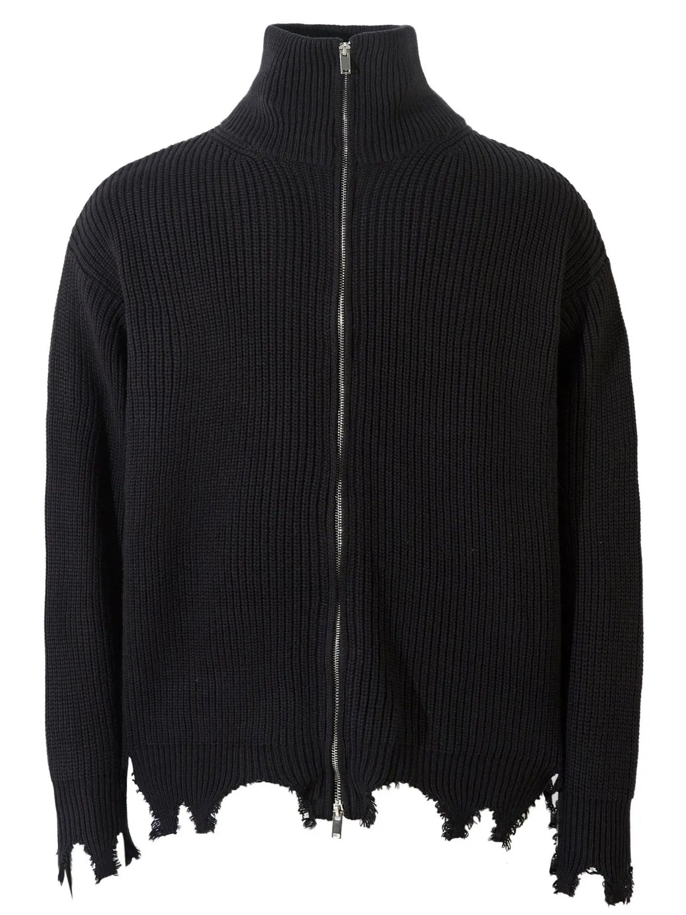 Men's Distressed Hem Ribbed Knit Zip-Up Cardigan