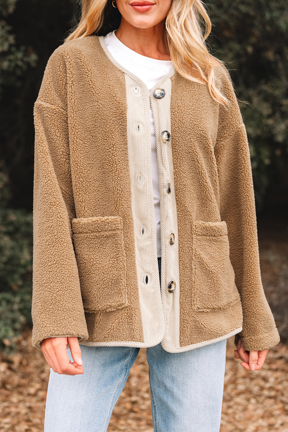 Fleece Corduroy Patchwork Button Up Jacket