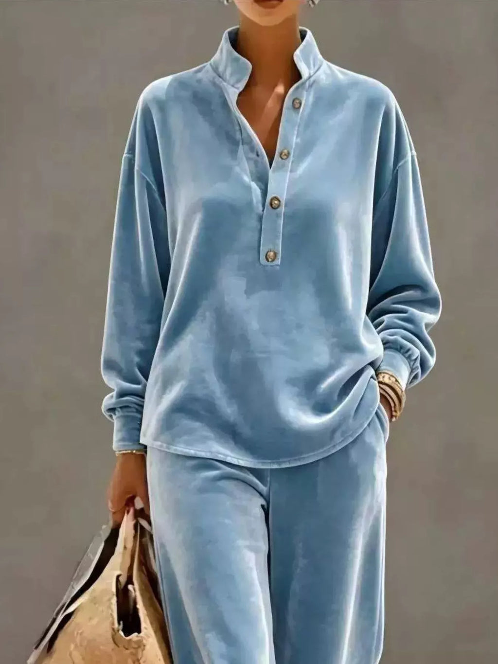 Full Size Half Button Top and Wide Leg Pants Set Plus Size