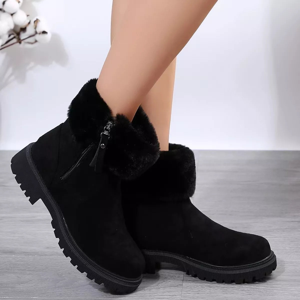 Side Zipper Fuzzy Boots