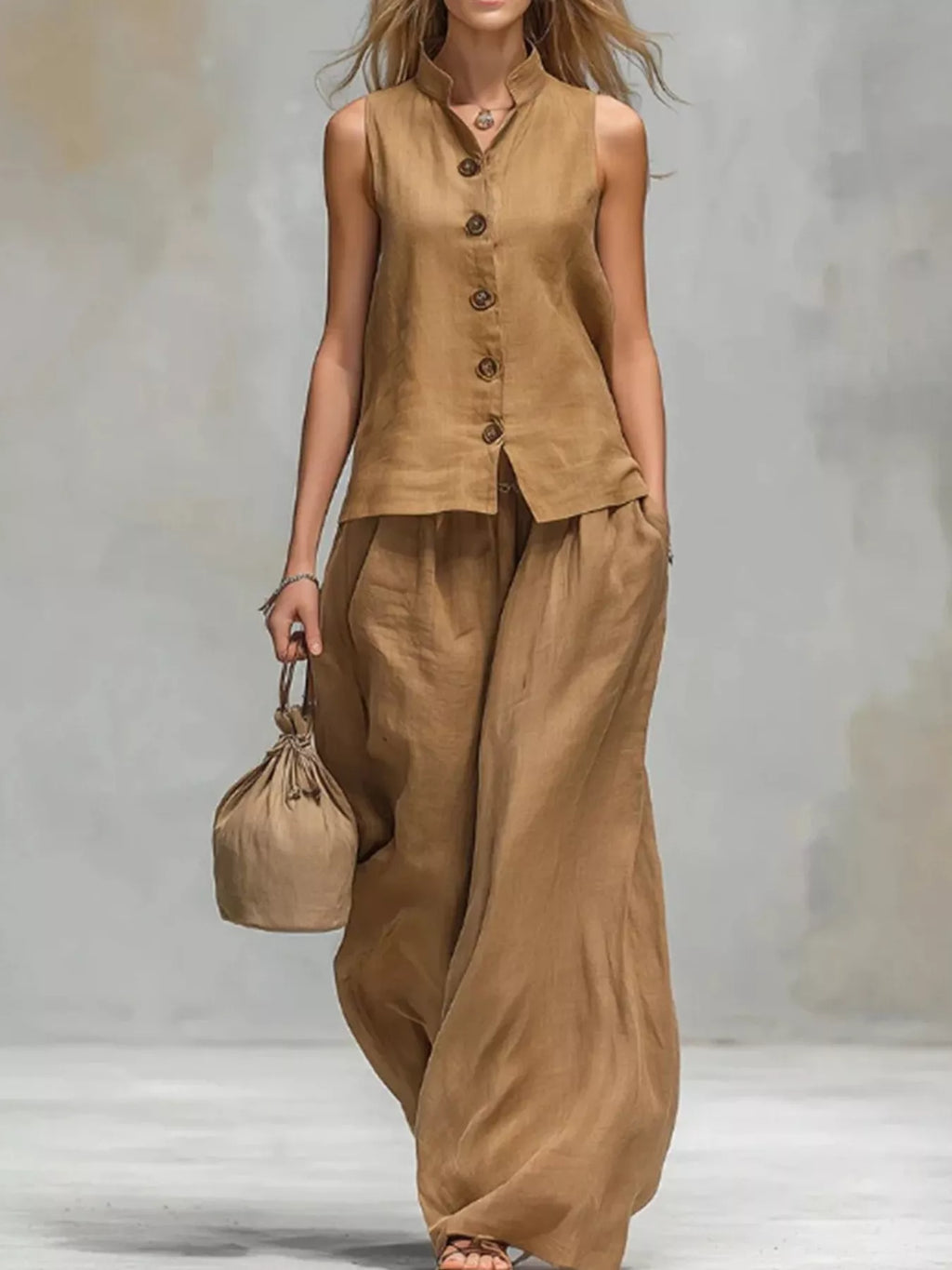 Sleeveless Button-Down Top and Wide-Leg Pant Set
