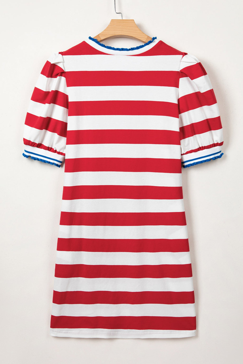 Red Stripe Contrast Trim Round Neck Short Puff Sleeve Shift Mini Dress