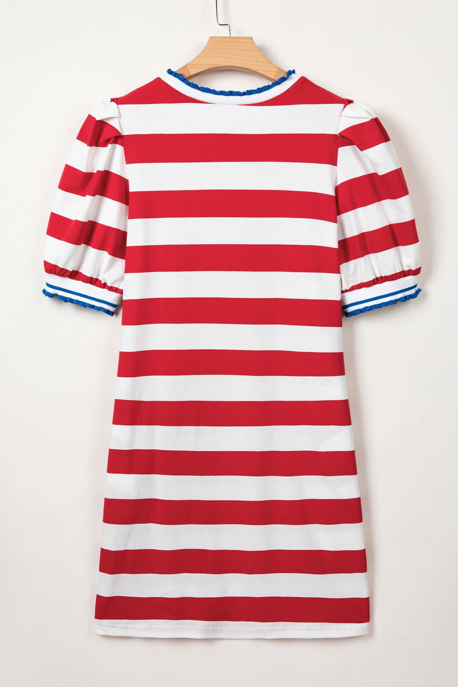 Red Stripe Contrast Trim Round Neck Short Puff Sleeve Shift Mini Dress