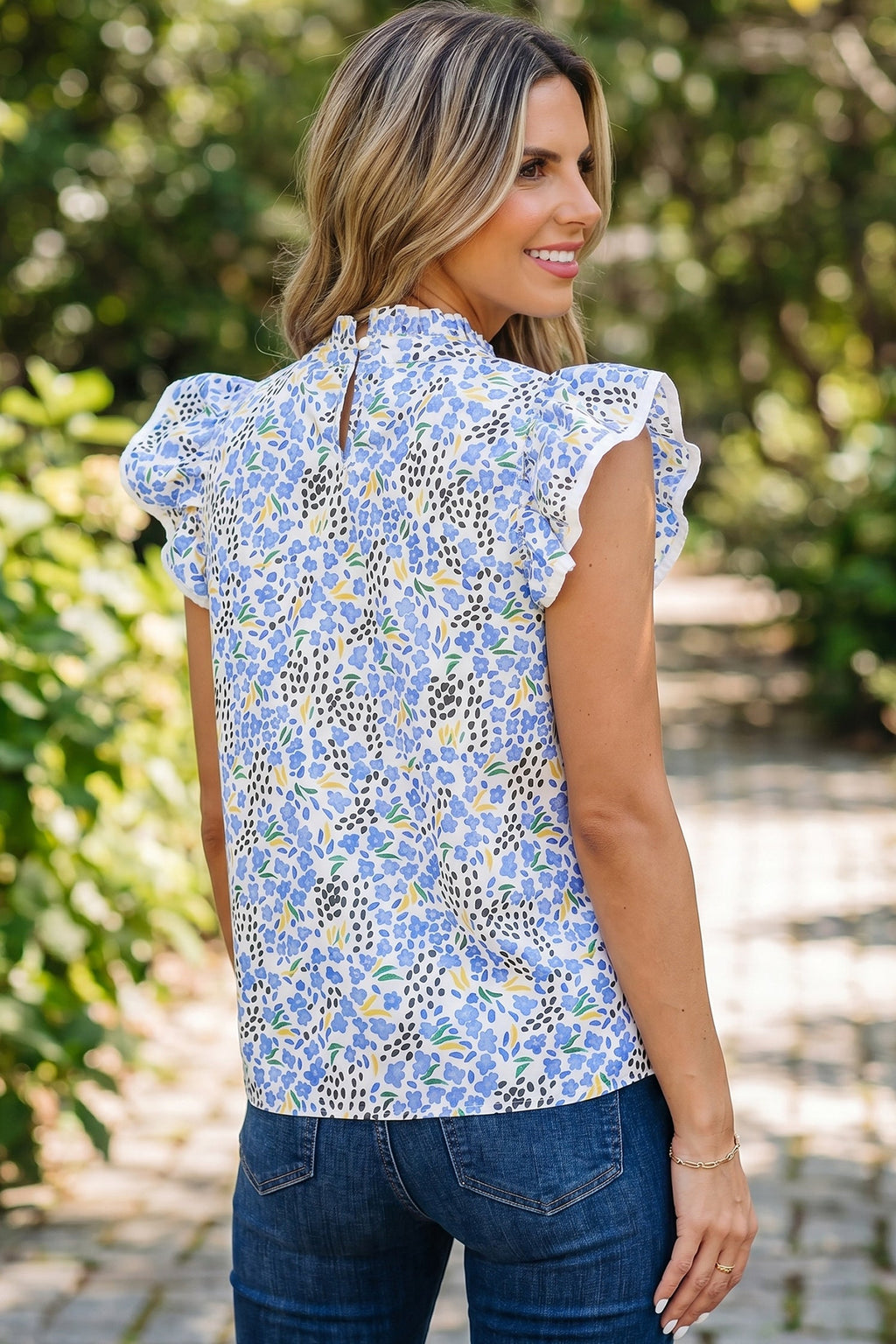 Sky Blue Abstract Print High Neck Flutter Sleeves Top