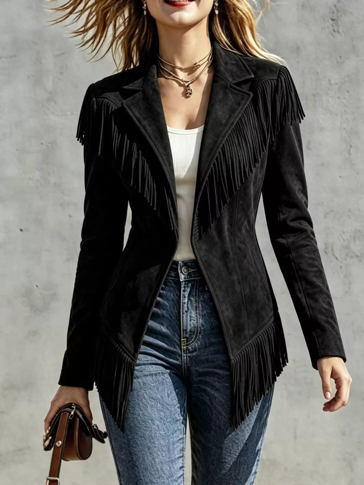Western-Inspired Fringed Open Front Jacket