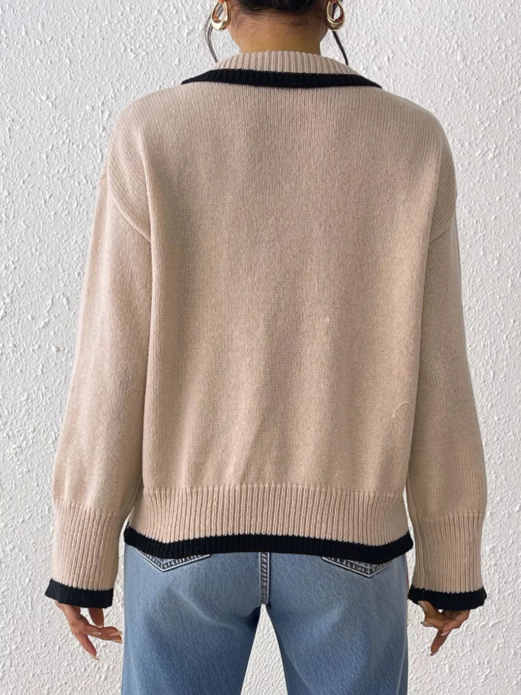 Contrast Trim Polo Collar Sweater
