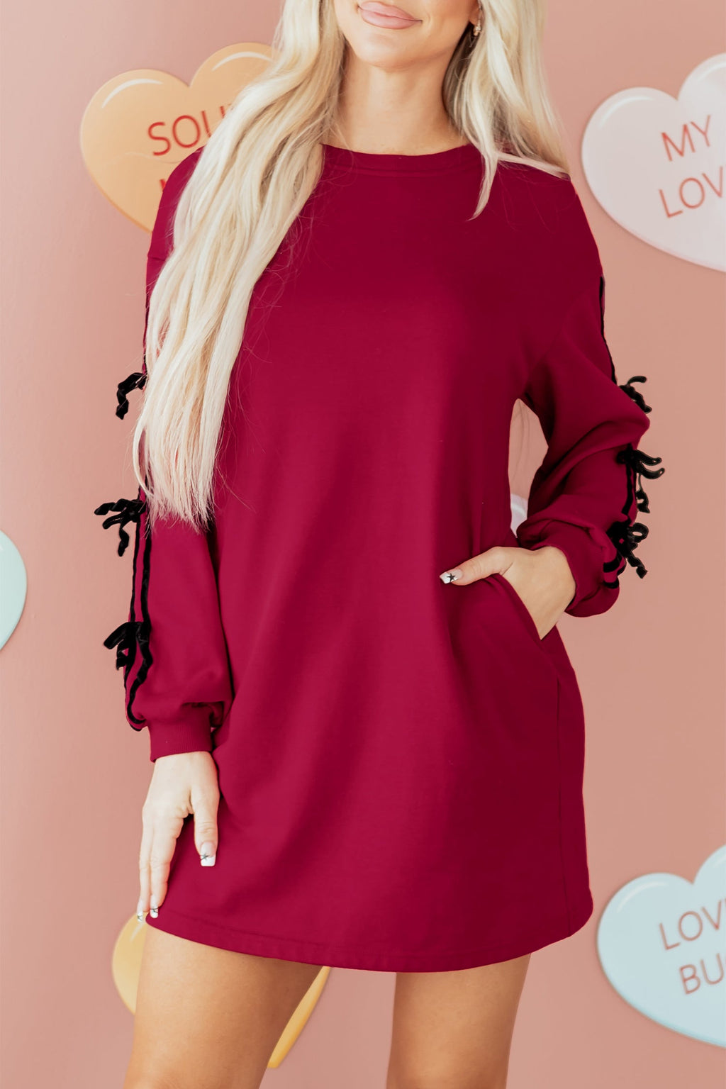 Racing Red Contrast Striped Bow Detail Drop Shoulder Sweatshirt Dress with Pockets
