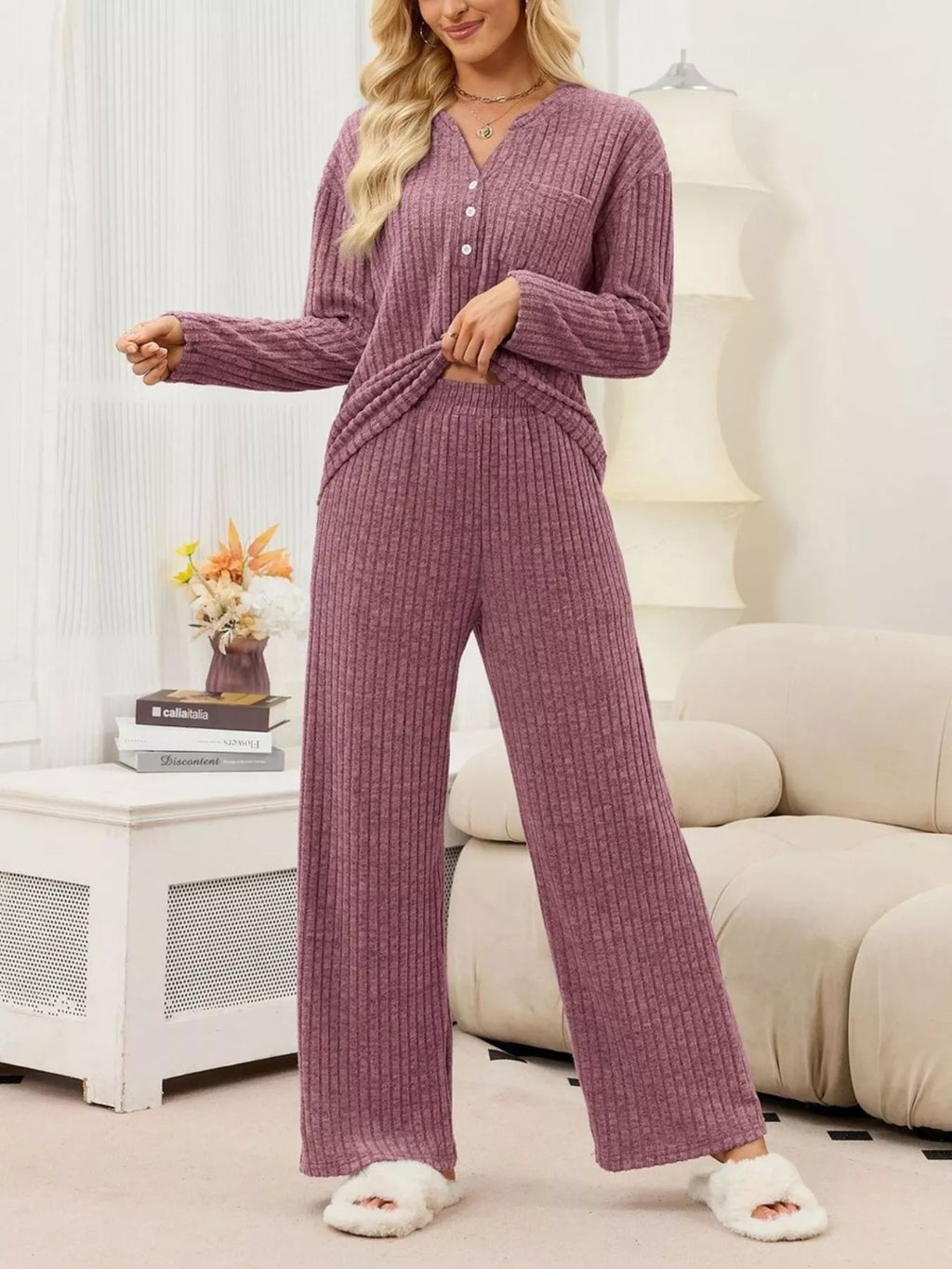 Ribbed Knit Top and Wide-Leg Pants Set