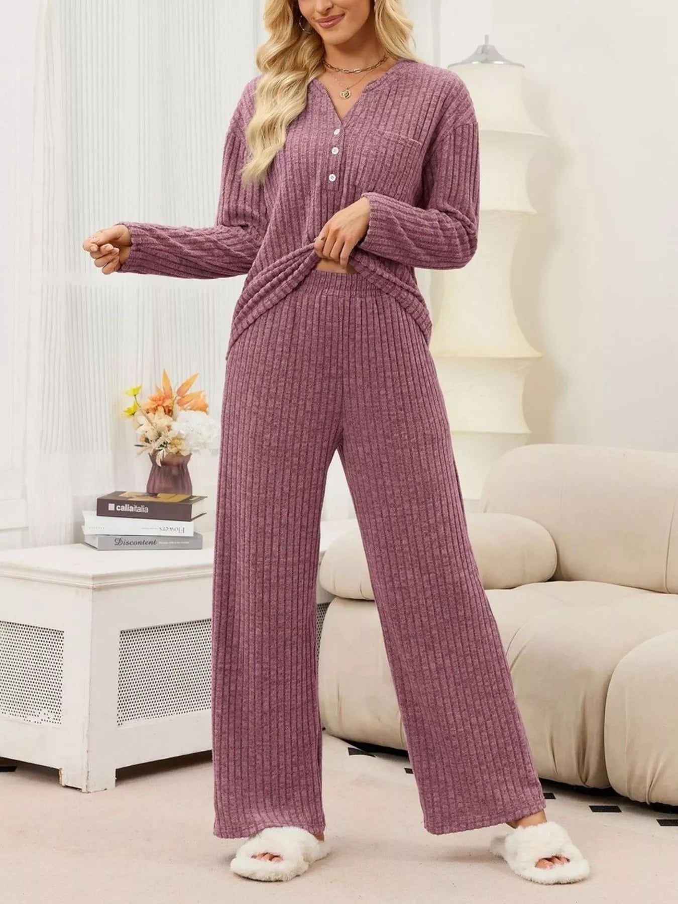 Ribbed Knit Top and Wide-Leg Pants Set