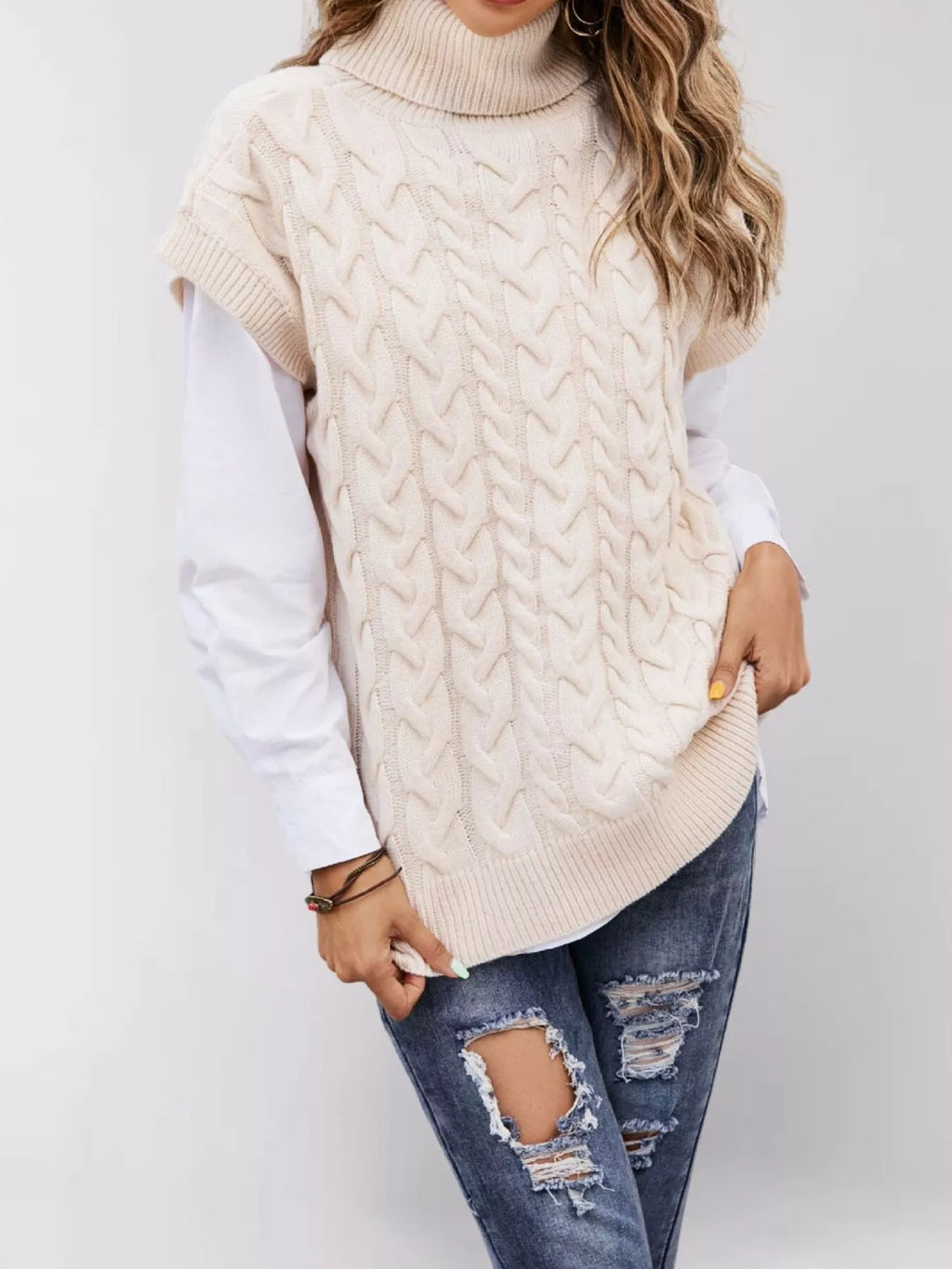 Chunky Knit Turtleneck Cap Sleeve Sweater