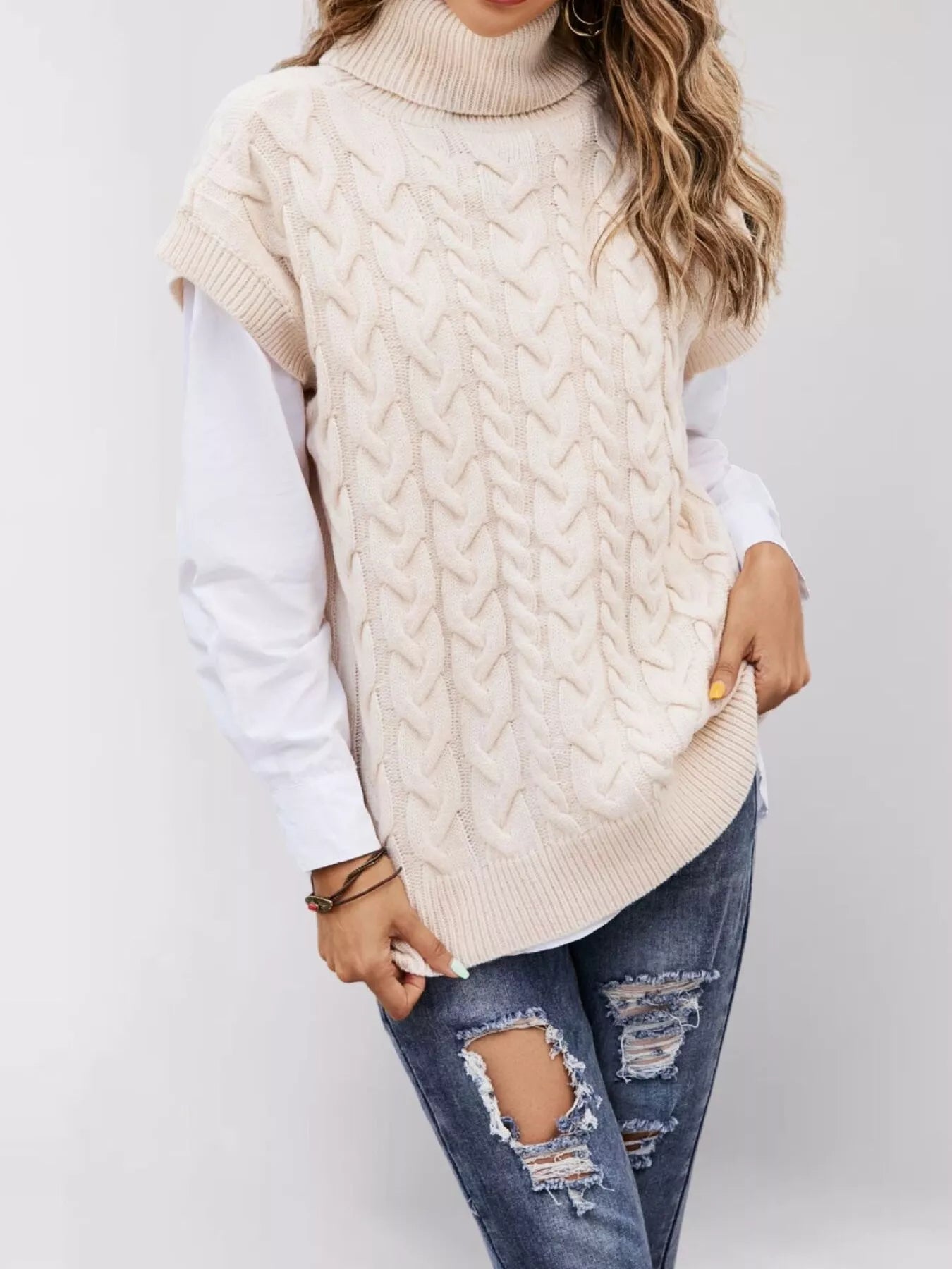 Chunky Knit Turtleneck Cap Sleeve Sweater