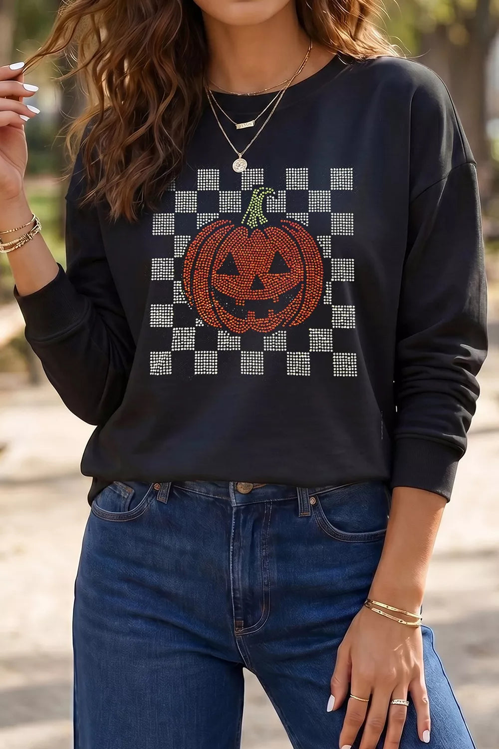Rhinestone Pumpkin Long Sleeve Sweatshirt