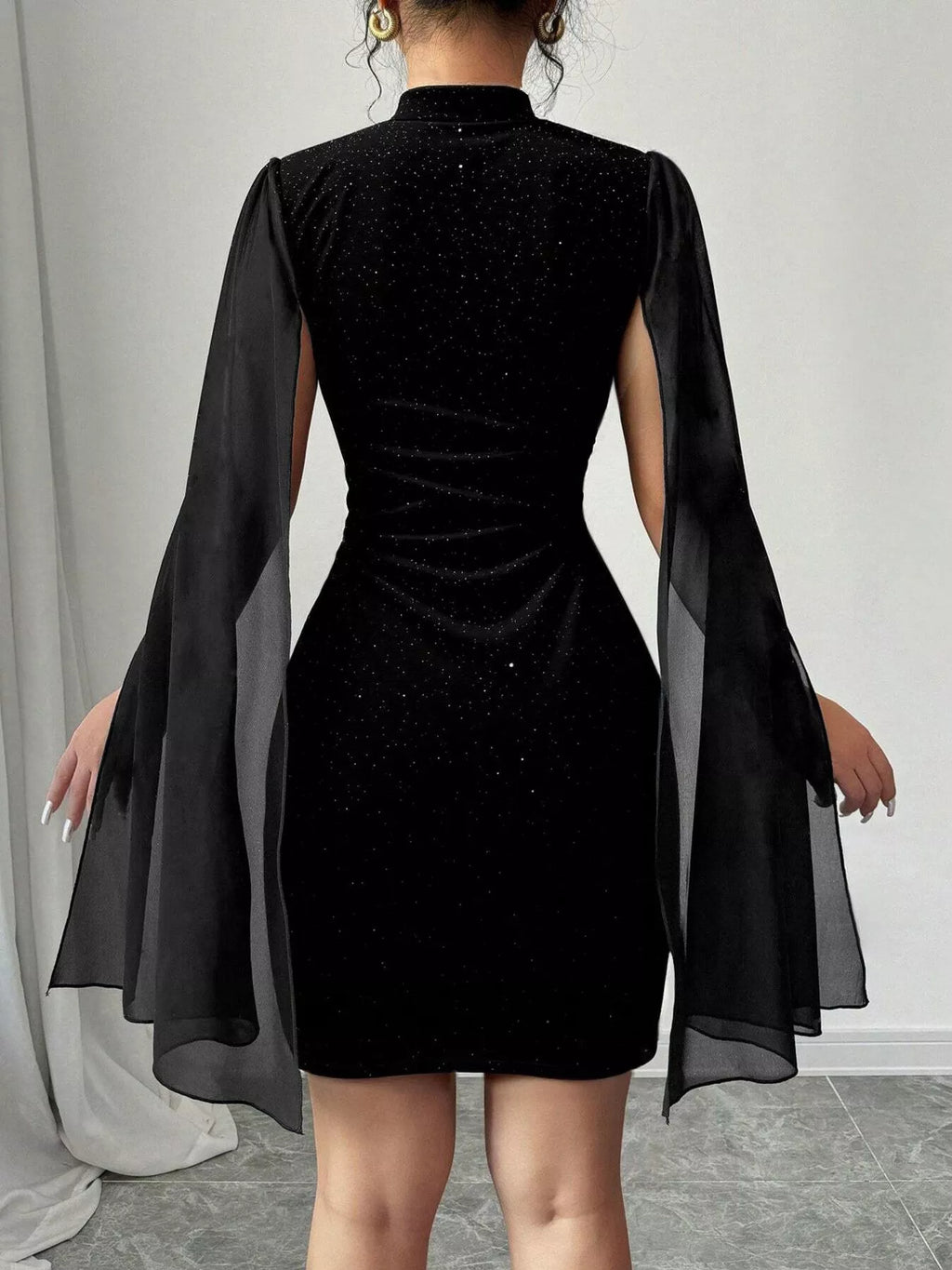 Glitter Mesh Slit Sleeve Bodycon Mini Dress