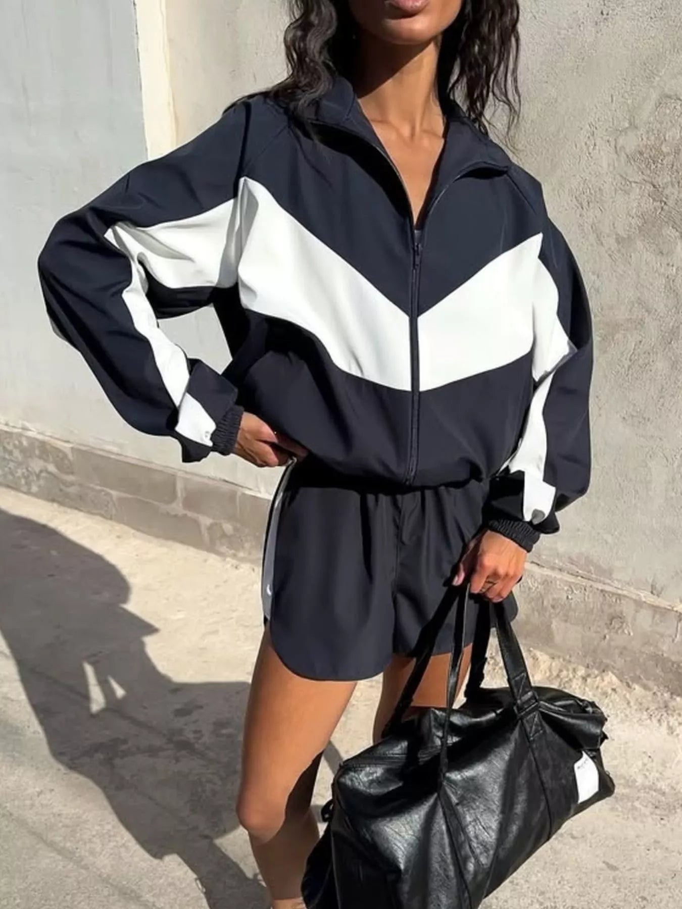 Color Block Zip Up Outerwear and Shorts Set