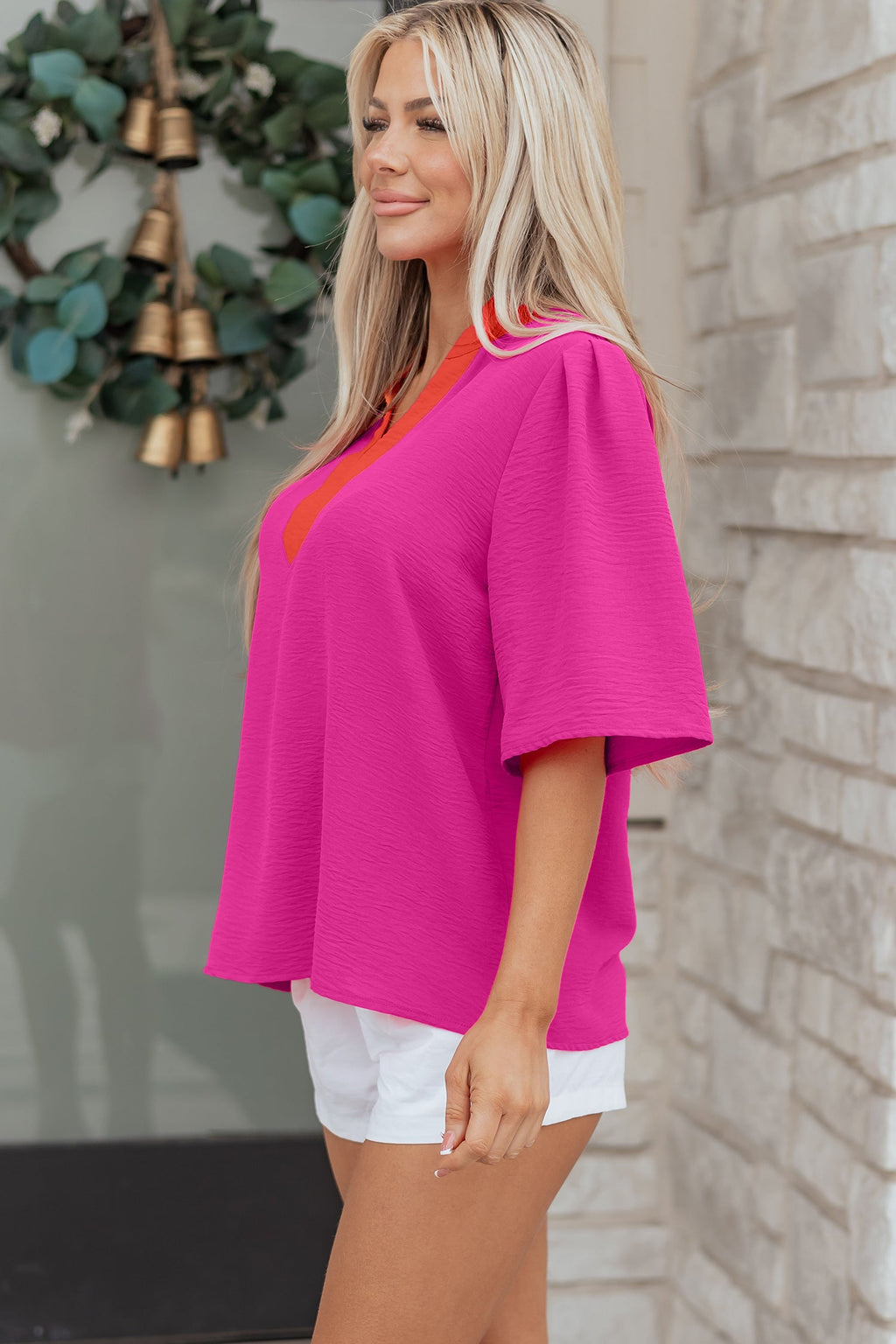 Rose Red Contrast V Neck Colorblock Wide Short Sleeve Top
