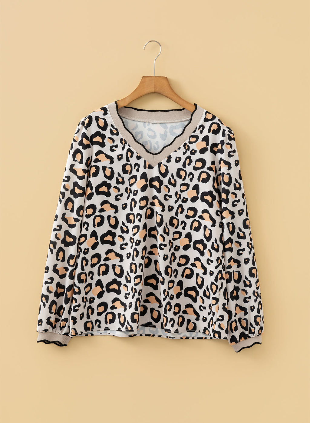Leopard Contrast Scallop V-Neck Long Sleeve Blouse