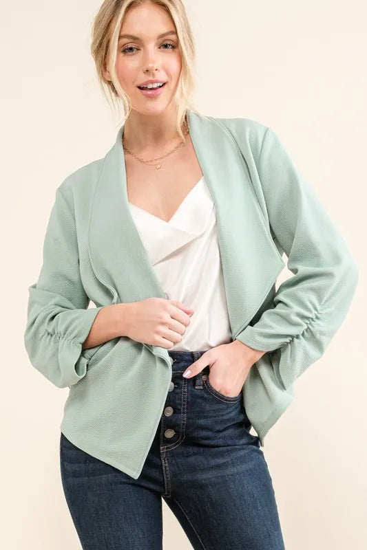Wrinkle-Resistant Open-Front Blazer with Ruched Sleeves