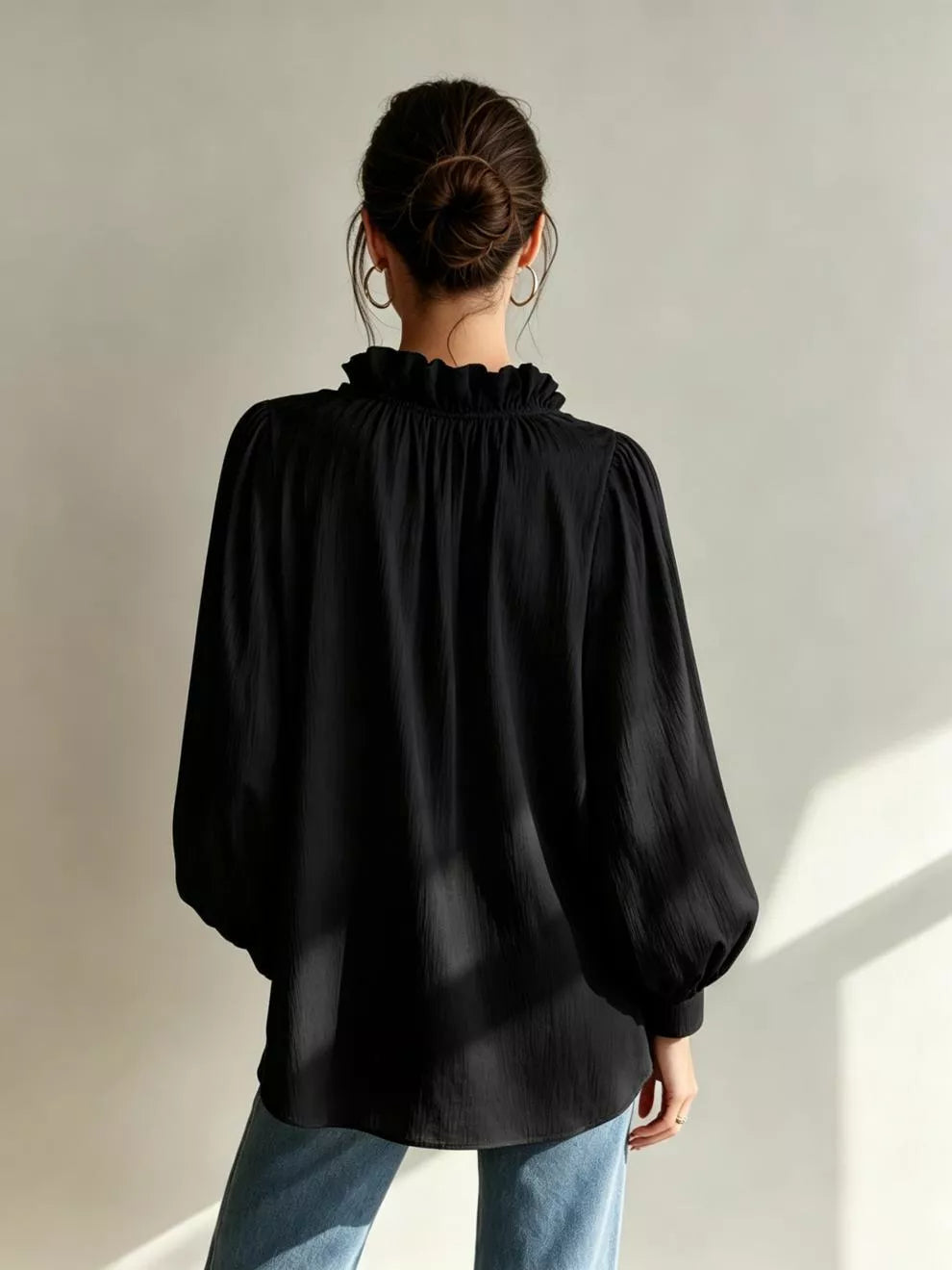 Frill Notched Long Sleeve Blouse