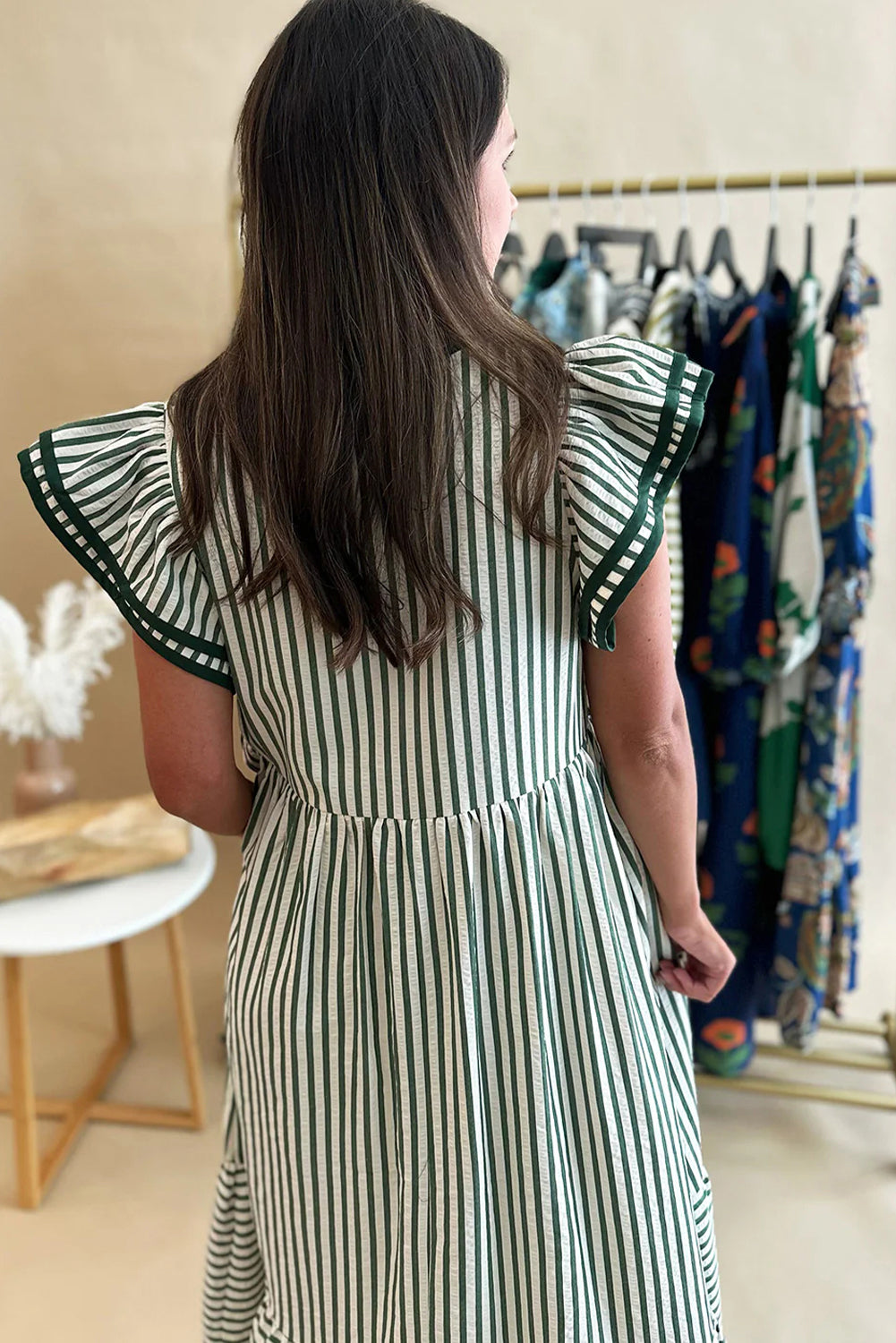 Green Stripe Double Ruffled Short Sleeve Contrast Trim V Neck Midi Dress