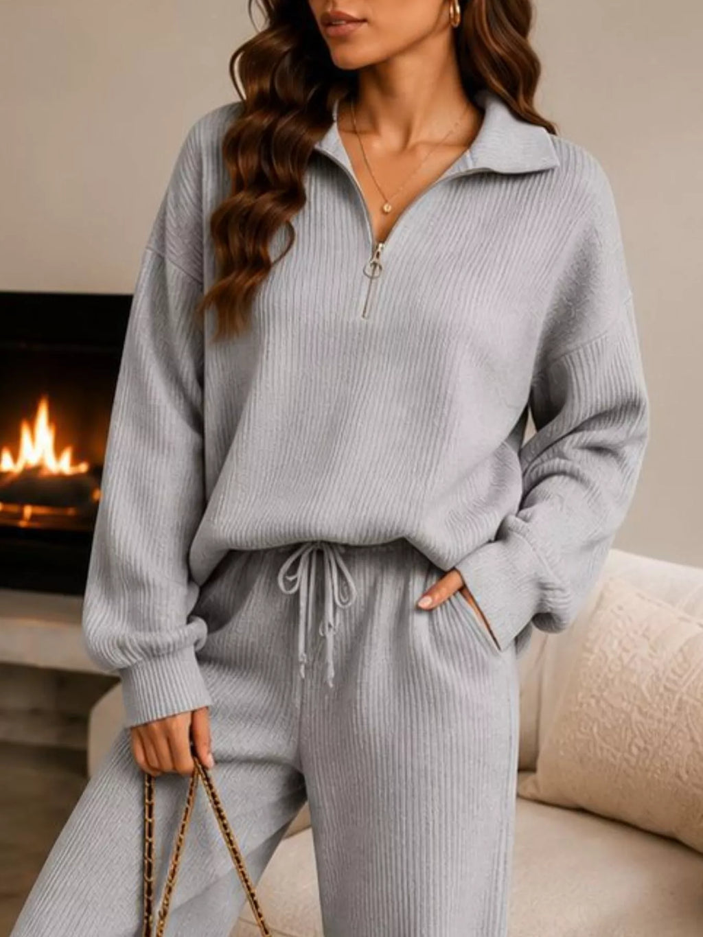 Ribbed Knit Quarter-Zip Top and Wide-Leg Pants Set