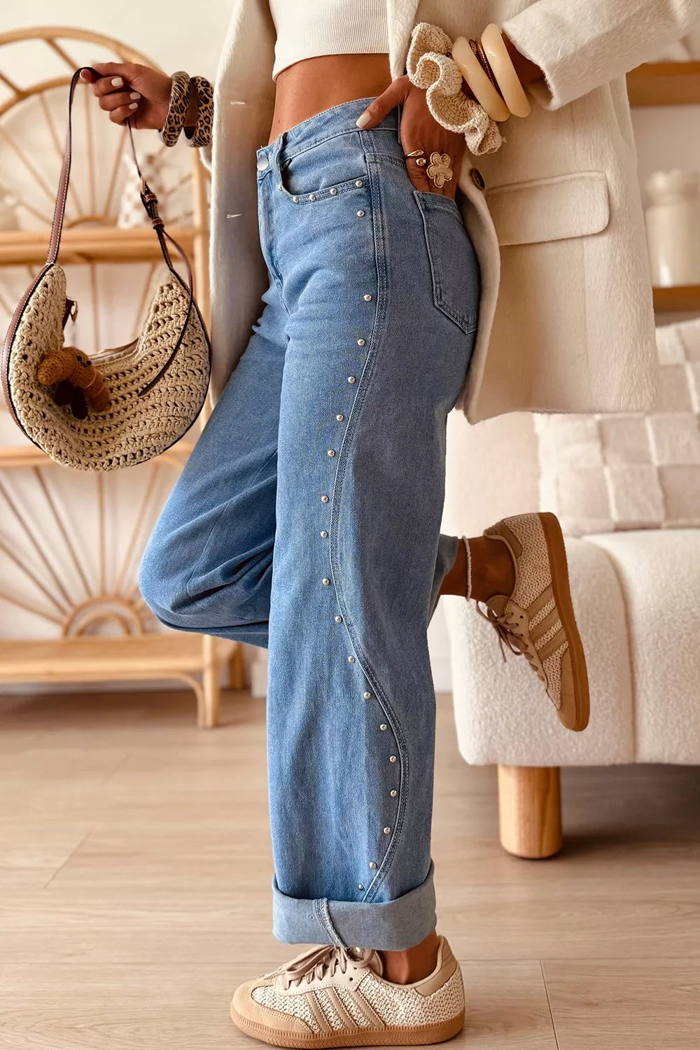 Side Seam Rivet Detail Ankle Length Casual Jeans