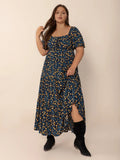 Printed Short Sleeve Slit Tiered Maxi Dress