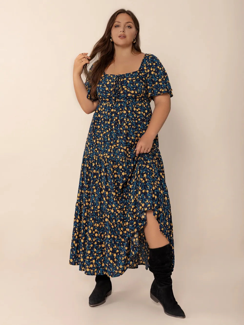 Printed Short Sleeve Slit Tiered Maxi Dress