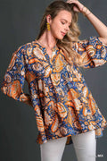 Paisley Boho Tunic Blouse with High-Low Hem