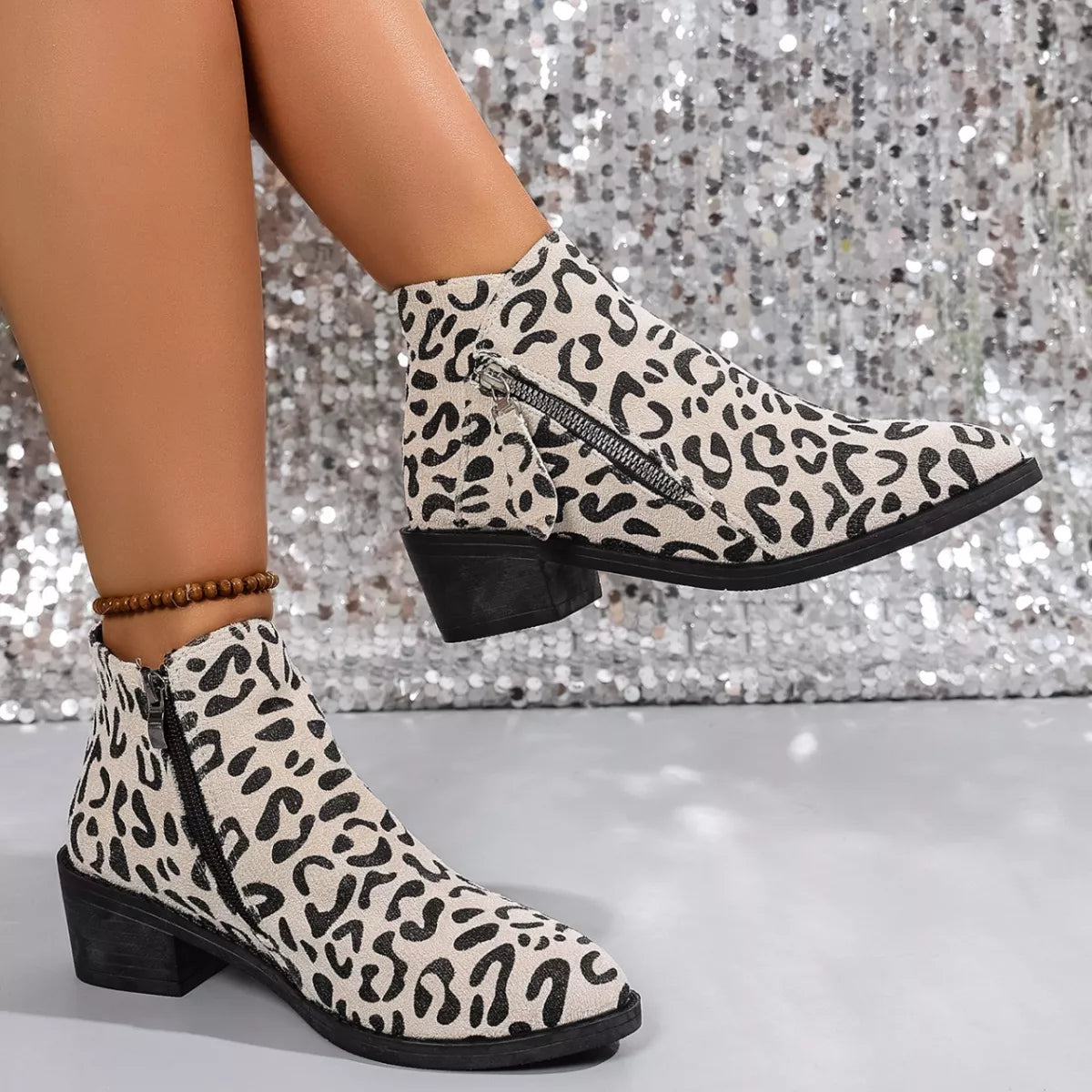 Leopard Block Heel Ankle Boots