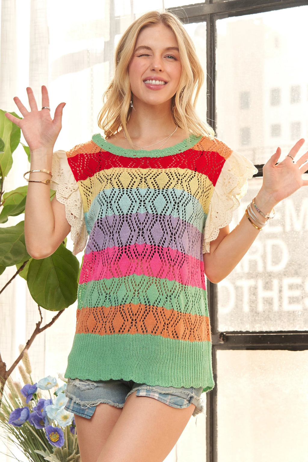 Crochet Short Sleeve Top with Eyelet Sleeves and Rainbow Stripes