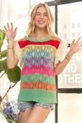 Crochet Short Sleeve Top with Eyelet Sleeves and Rainbow Stripes