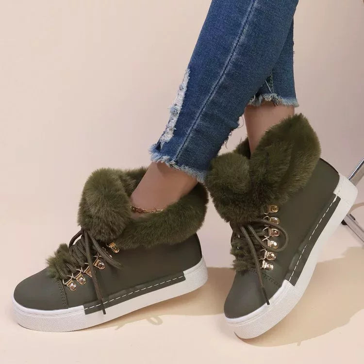Fuzzy Trim Lace-Up Ankle Boots