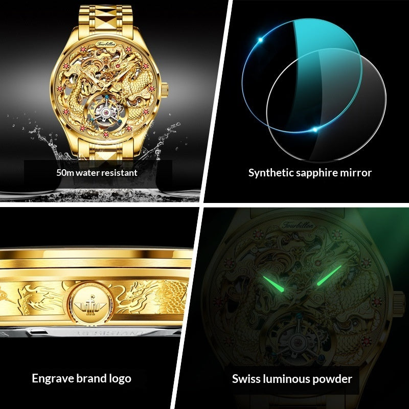 Mens Water-Resistant Mechanical Watch With Hollowed-Out Design And Steel Strap