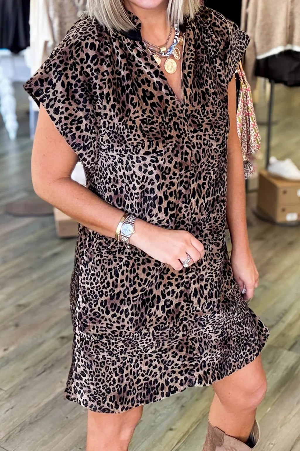 Brown Leopard Print Short Sleeve Mini Shift Silhouette Dress