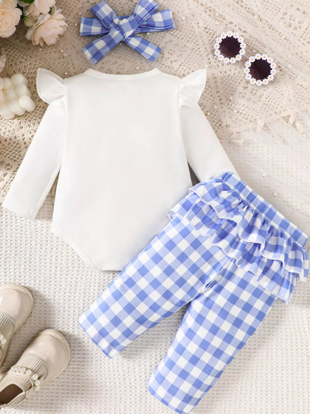 Children's Ruffled Bow Graphic Bodysuit and Pants Set with Headband