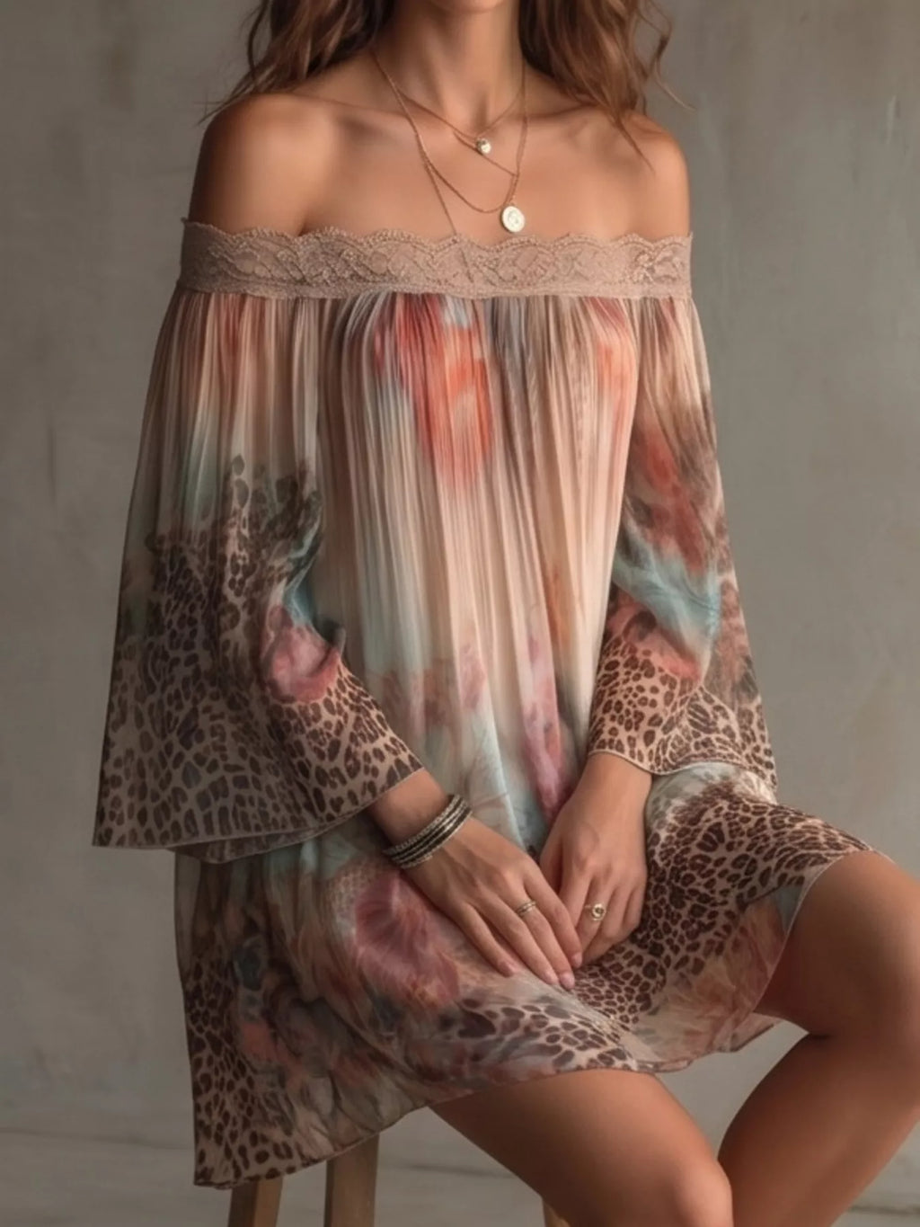Off-Shoulder Lace-Trimmed Floral and Leopard Print Mini Dress