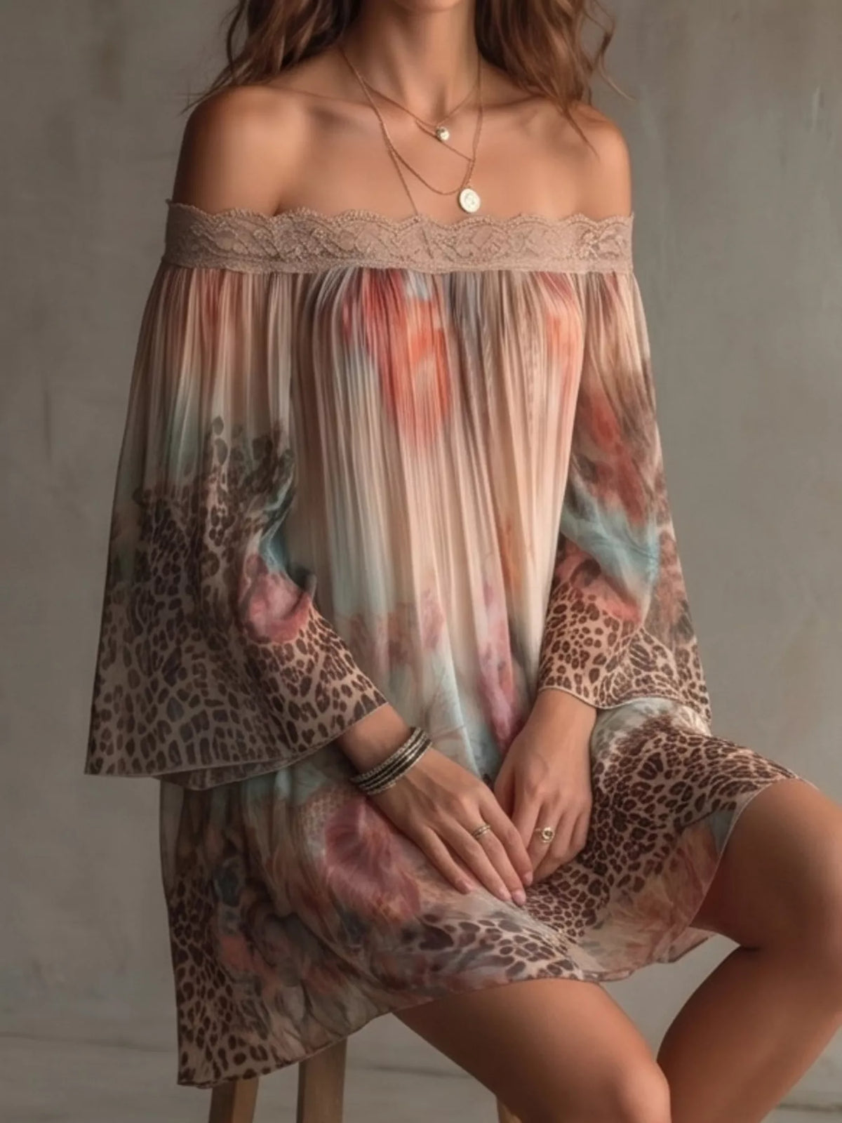 Off-Shoulder Lace-Trimmed Floral and Leopard Print Mini Dress