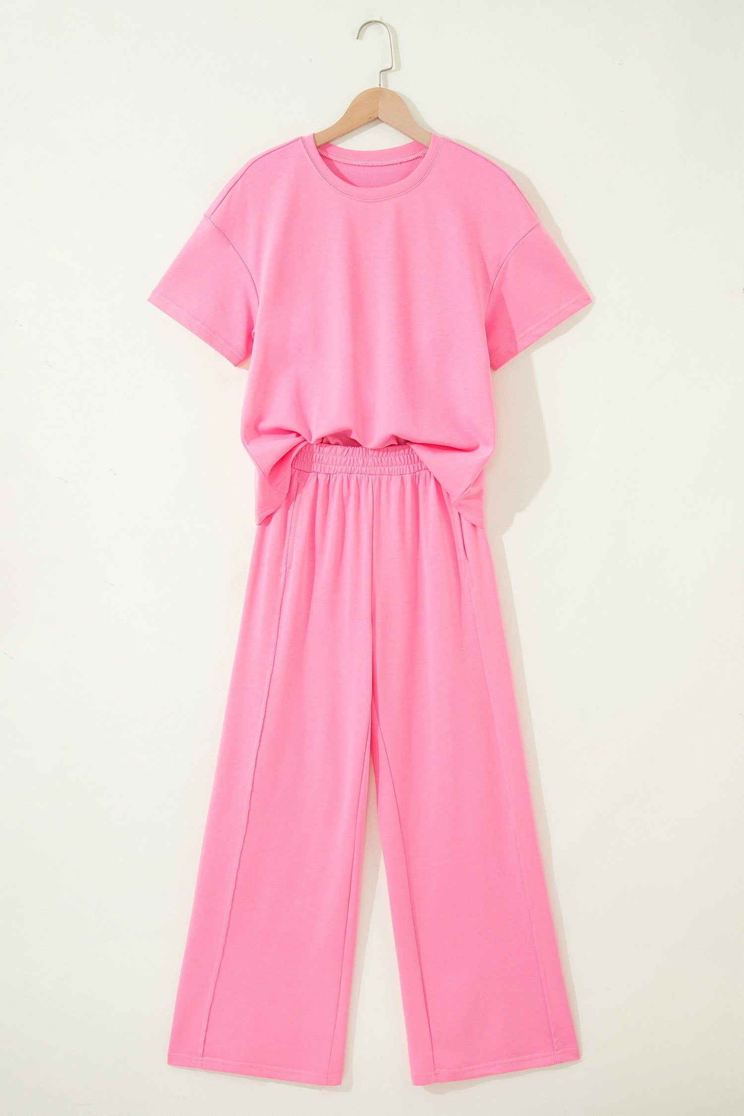 Sachet Pink Solid Cover Oversize Tee Pocketed Casual Pants 2pcs Outfit