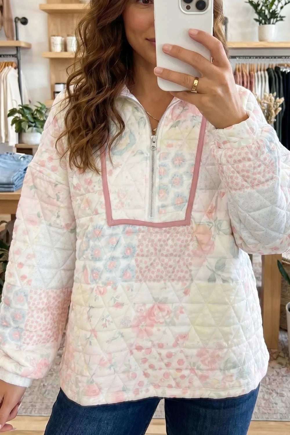 Floral Quilted Half Button Pocketed Pullover Sweatshirt