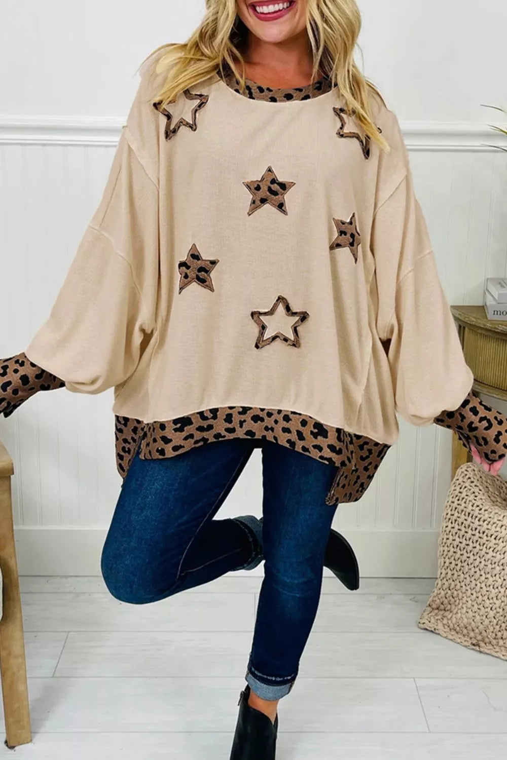 Contrast Leopard Star Patchwork Detail Raw Seam Baggy Sweatshirt