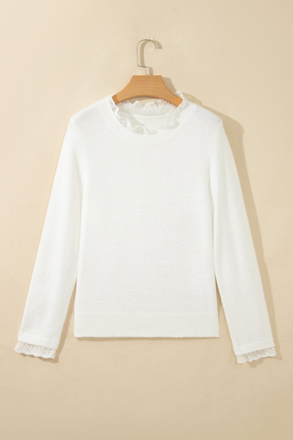 White Lace Trim Neck Cuff Patchwork Long Sleeve Pullover Sweater
