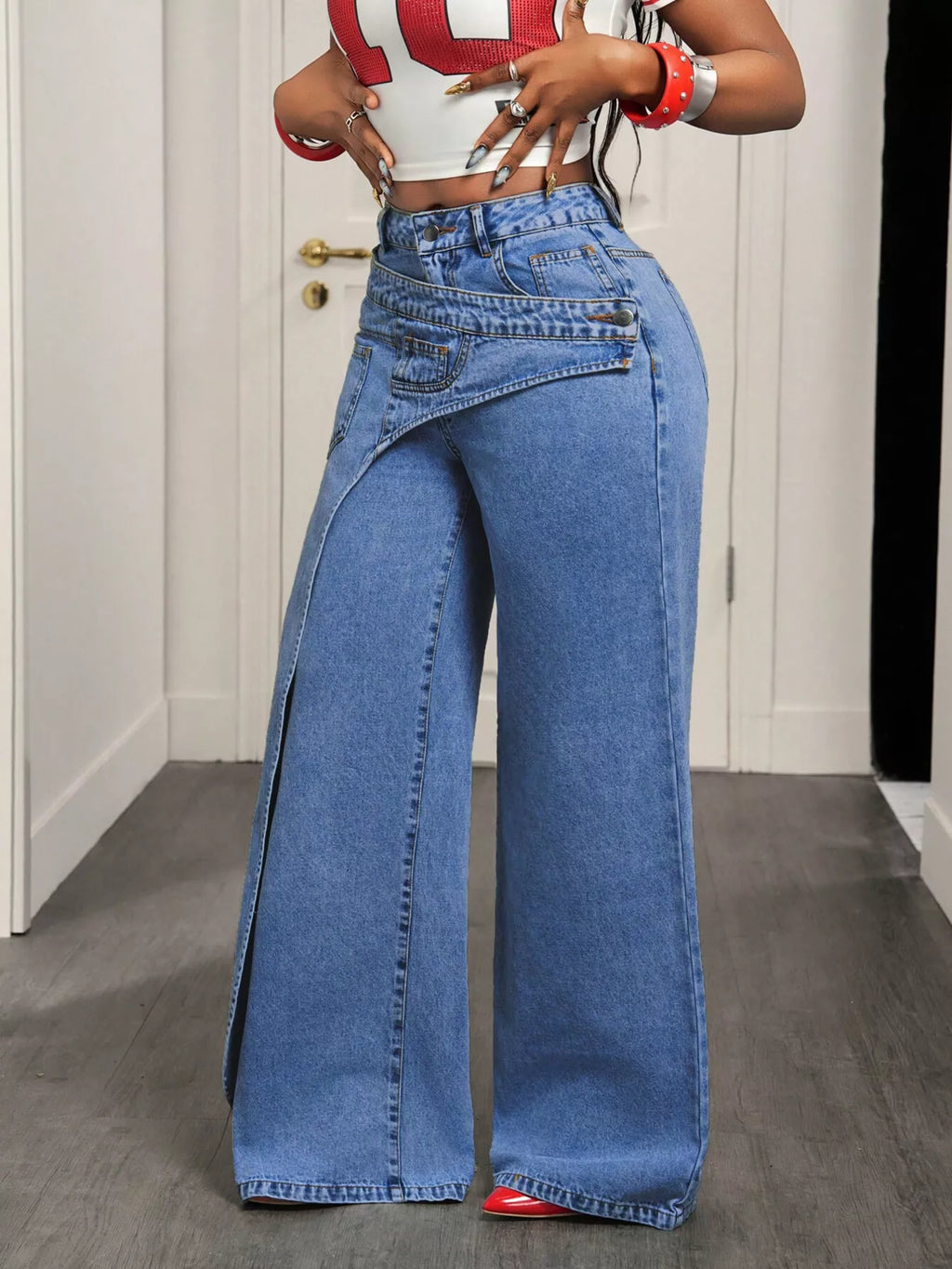 Asymmetrical High-Waisted Wide-Leg Jeans with Wrap Detail