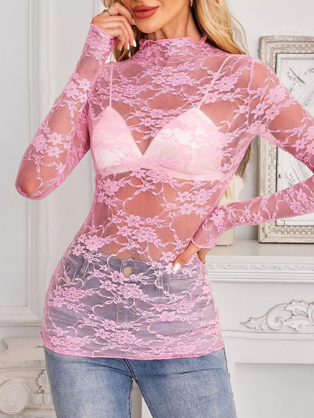 Sheer Floral Lace Long Sleeve Top