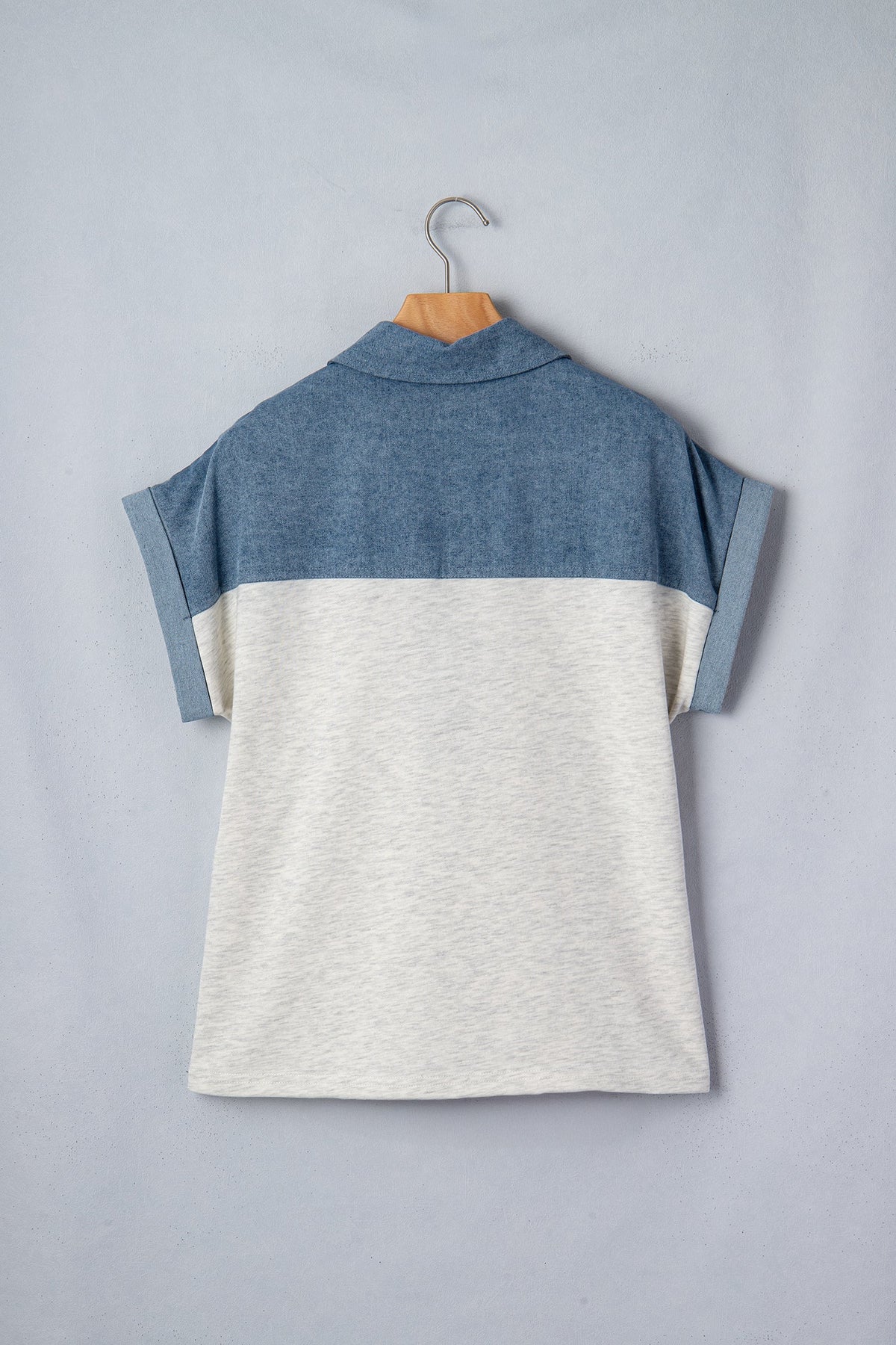 Colorblock Denim Patchwork Buttoned Polo Top
