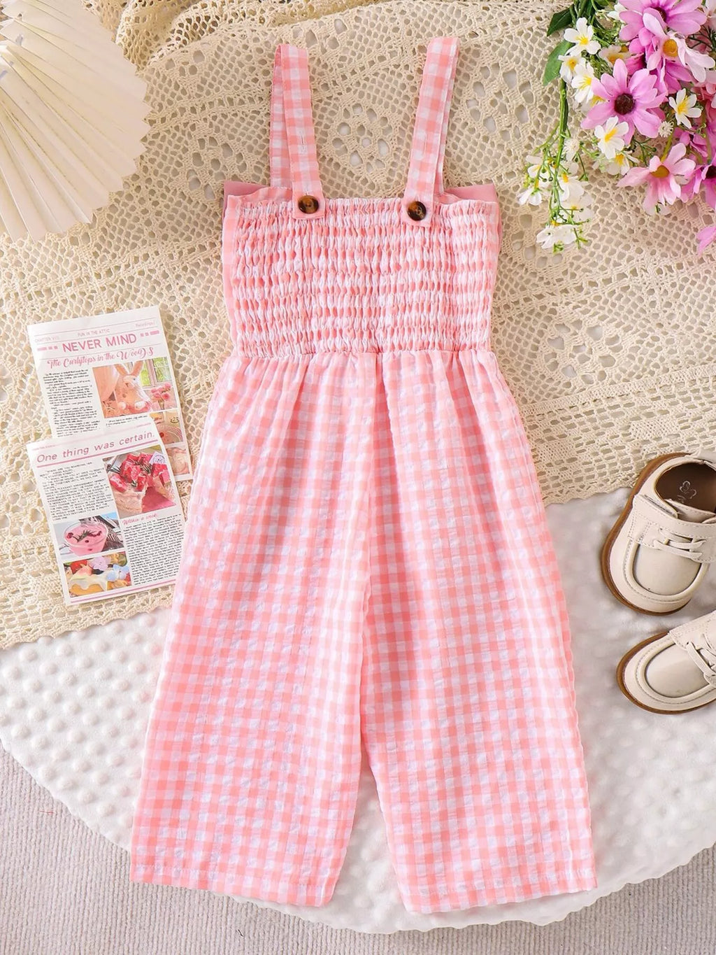 Children's Bow Plaid Wide Strap Jumpsuit