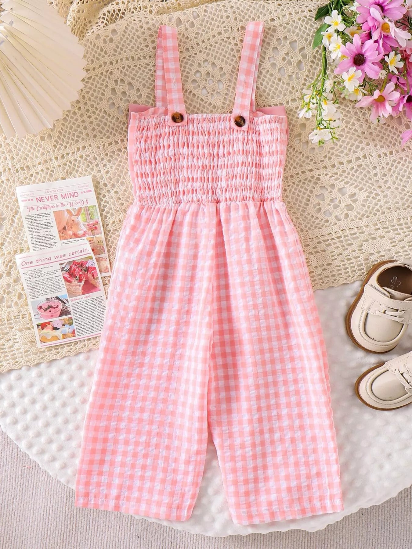 Children's Bow Plaid Wide Strap Jumpsuit