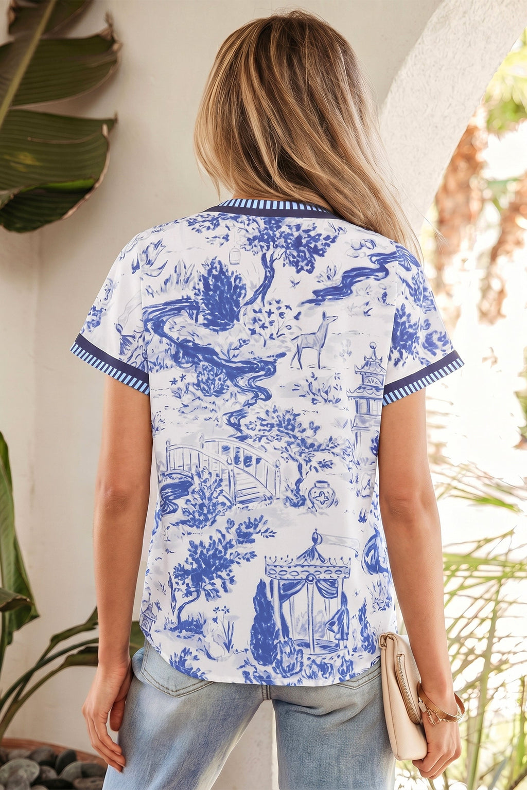 Blue Wild Animal Paradise Striped Trim V Neck Short Sleeve Blouse