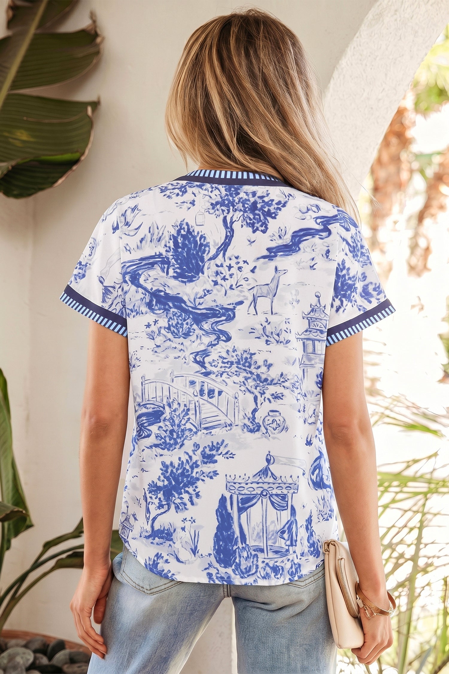 Blue Wild Animal Paradise Striped Trim V Neck Short Sleeve Blouse