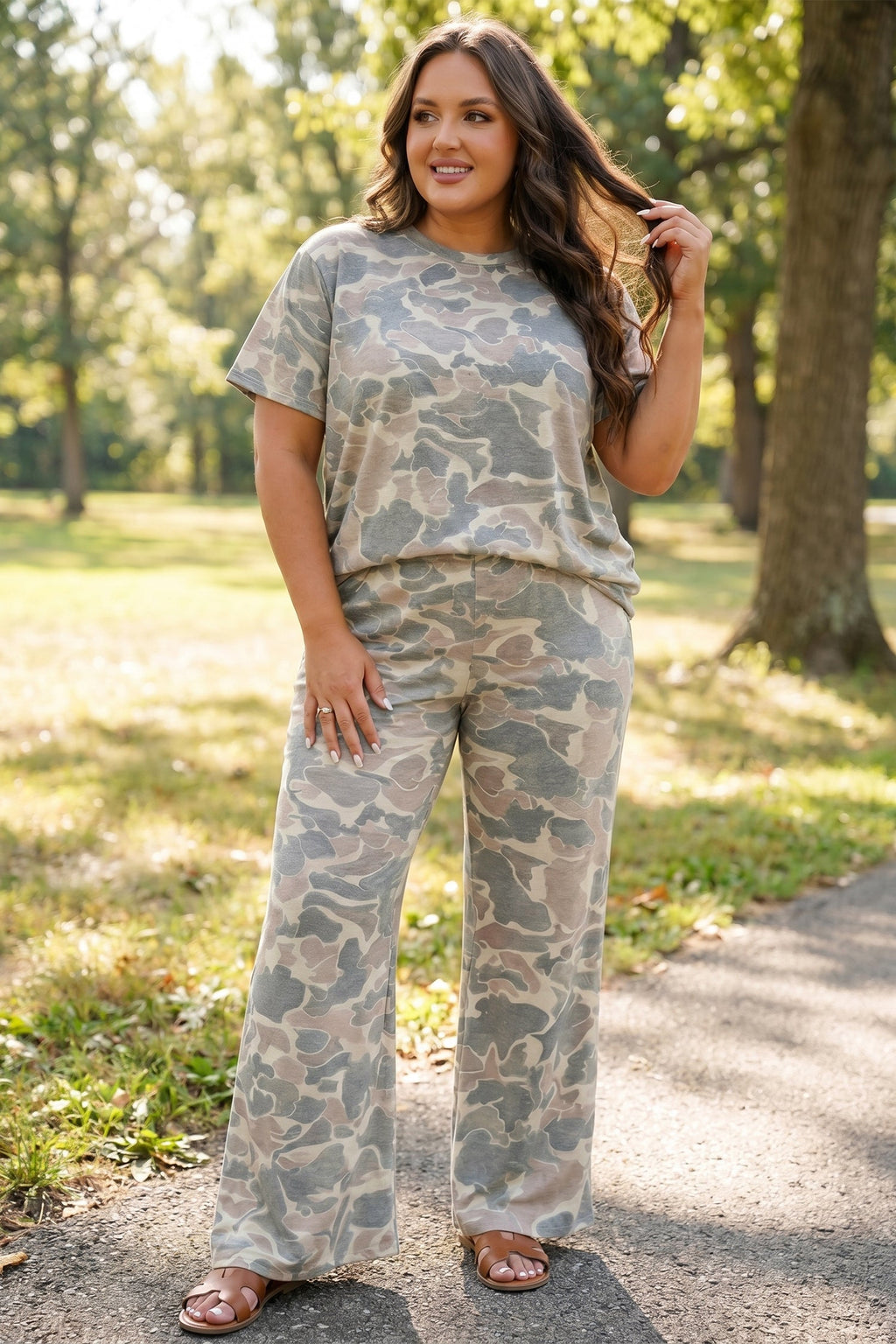 Multicolour Retro Camouflage Print Plus Size 2pcs Outfit